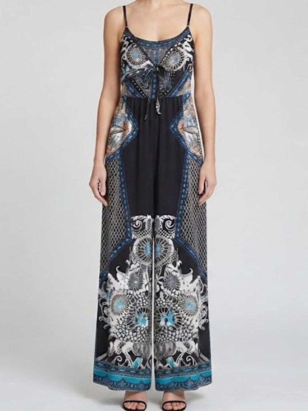 Black Printed Maxi Jumpsuit with Blue & White Accents